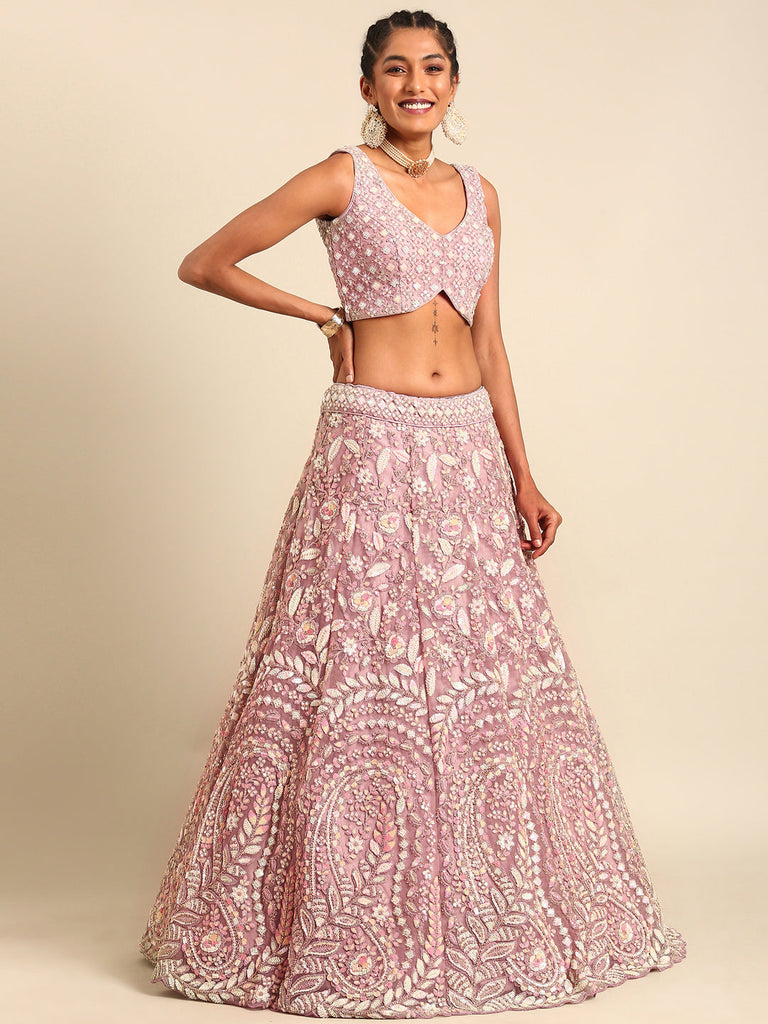 Women 's Mauve Net Multi Sequins with heavy Zarkan embroidery Ready to Wear Lehenga choli & Dupatta