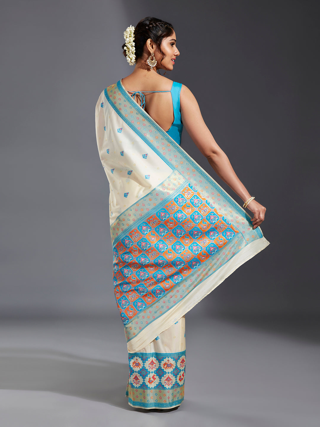 Women's Turquoise Blue & Gold Satin Paisley Zari With Beautiful Patola Banarasi Saree - Royal Dwells