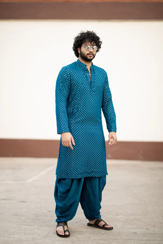 Men's Teal Blue Color Teal Blue Mirror Kurta + Patiala Pants Georgette & Santone