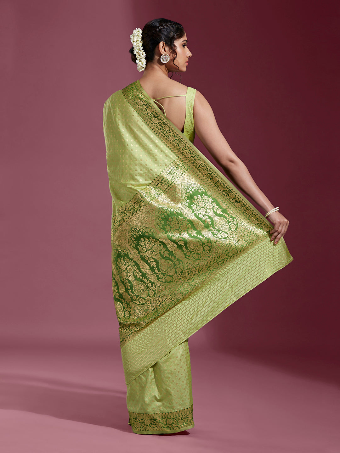 Women's Lime Green & Gold Satin Paisley Zari With Beautiful Ethnic Motifs Banarasi Saree - Royal Dwells