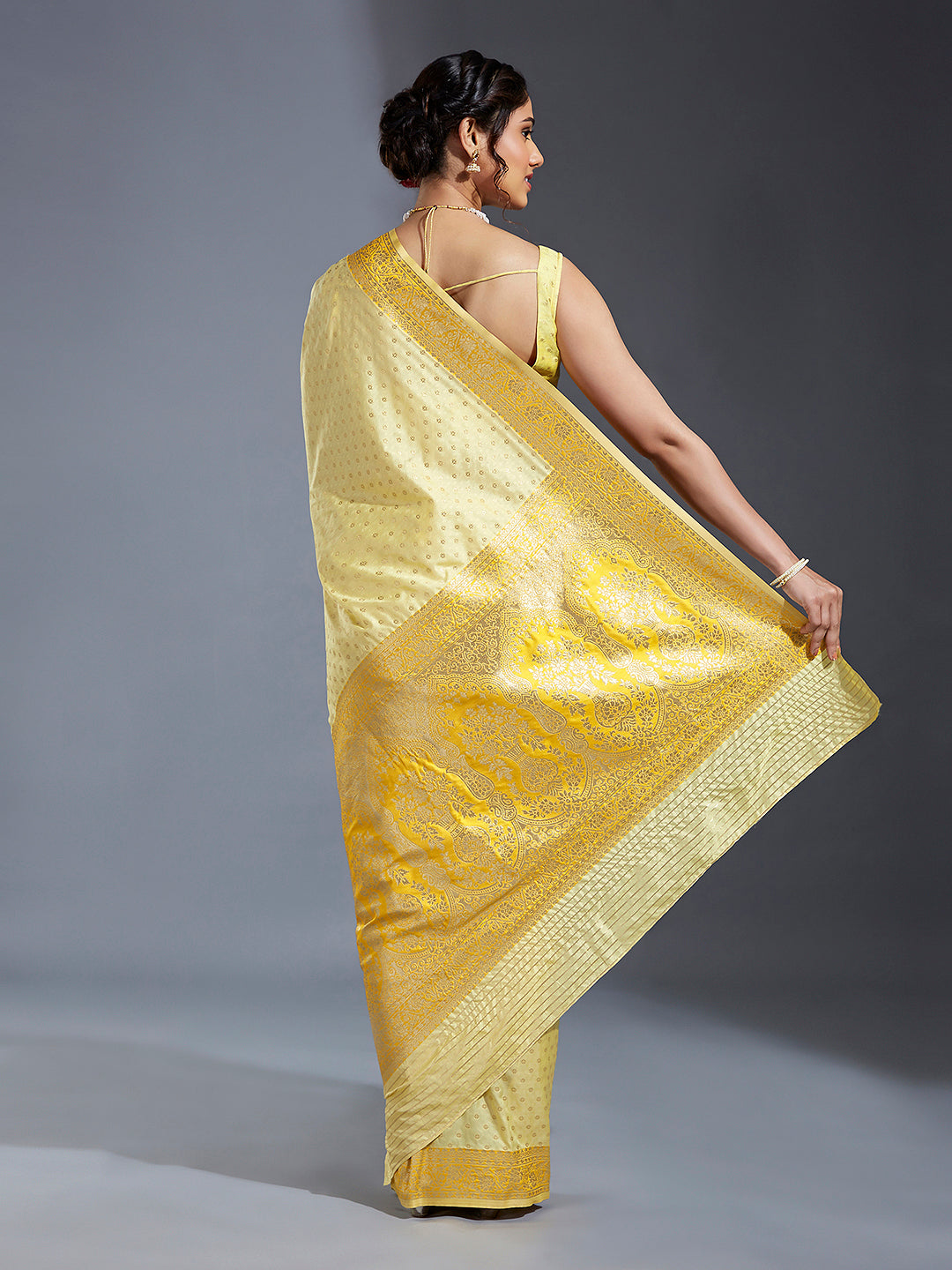 Women's Yellow & Gold Satin Paisley Zari With Beautiful Ethnic Motifs Banarasi Saree - Royal Dwells