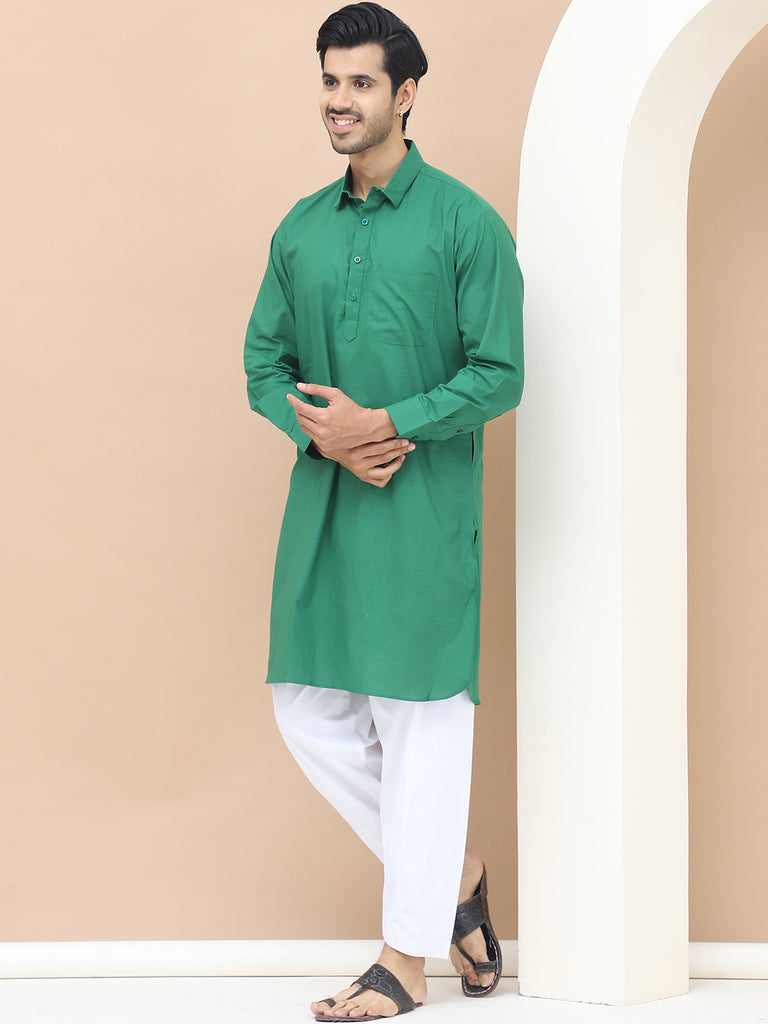 Men's  Green Cotton Solid Kurta Set