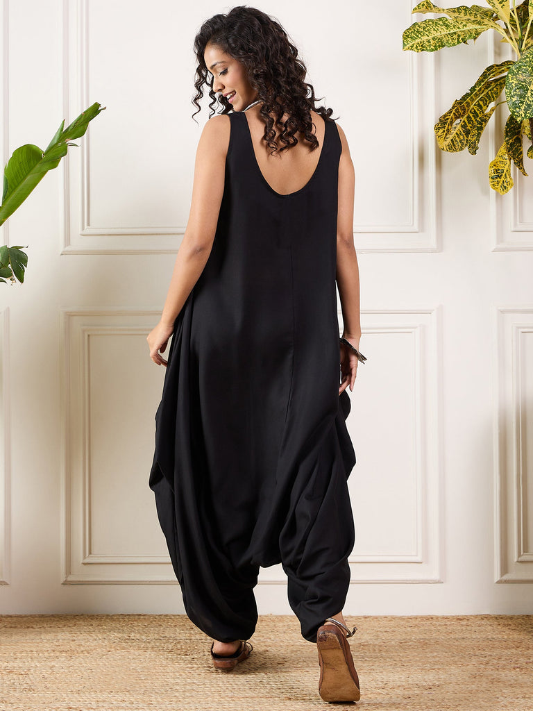 Women's Black Round Sleeveless Jumpsuit