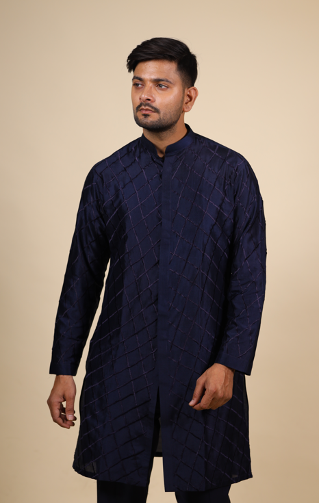 Men's Blue Color Navy Blue Shirt Cut Lattice Pattern Designer Kurta Dupion