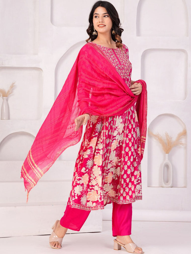 Women's Floral Printed Regular Thread Work Kurta with Palazzos & With Dupatta