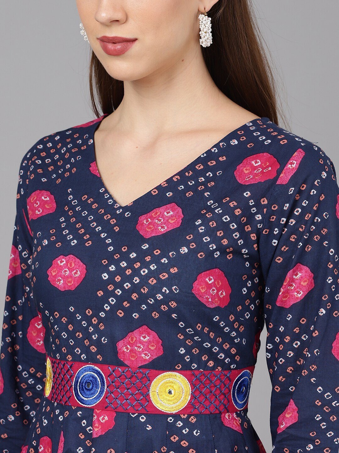 Women's  Navy Blue & Magenta Bandhani Printed Anarkali Kurta -