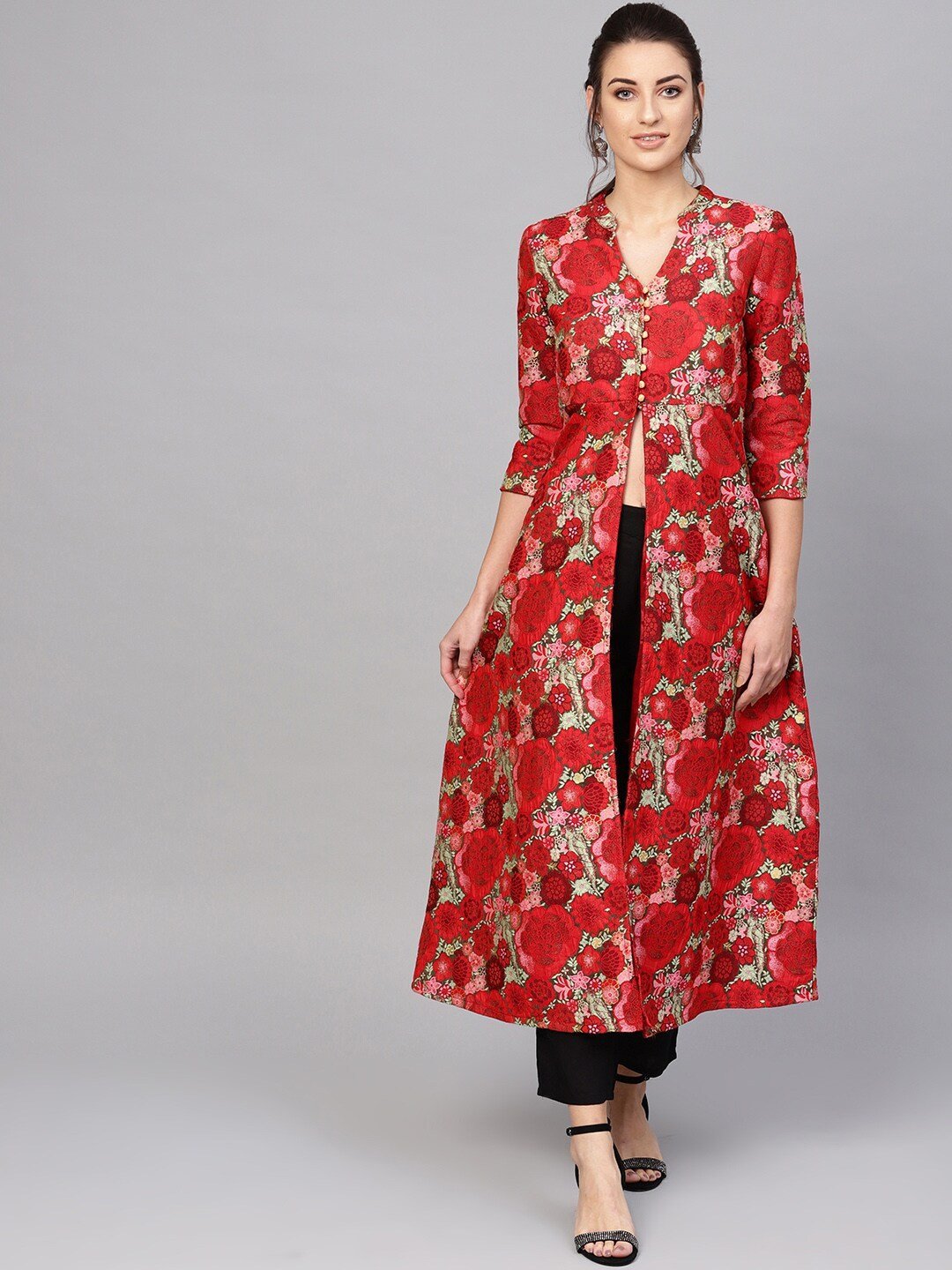 Women's  Red & Green Self Design Longline Ethnic Jacket -