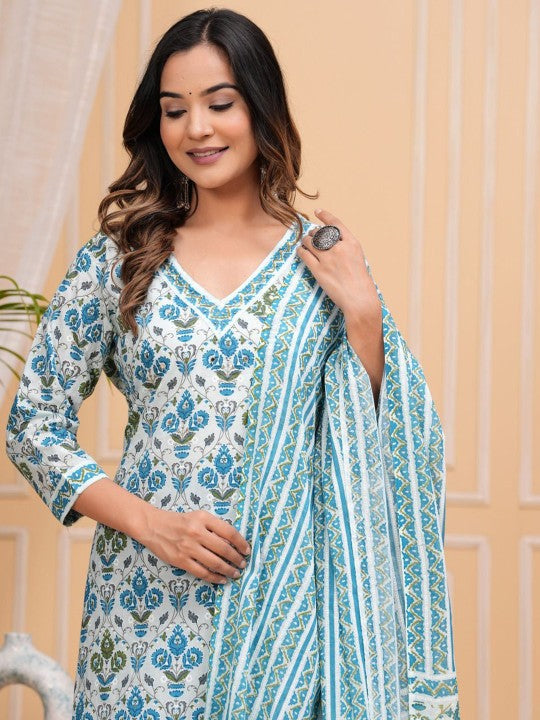 Women's Floral Printed Regular Cotton Straight Kurta with Trousers & With Dupatta