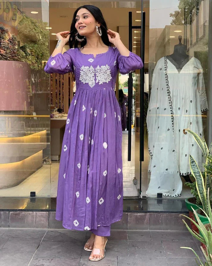 Women's Multi Color Embroidered Cotton Anarkali Kurta And Pant Set