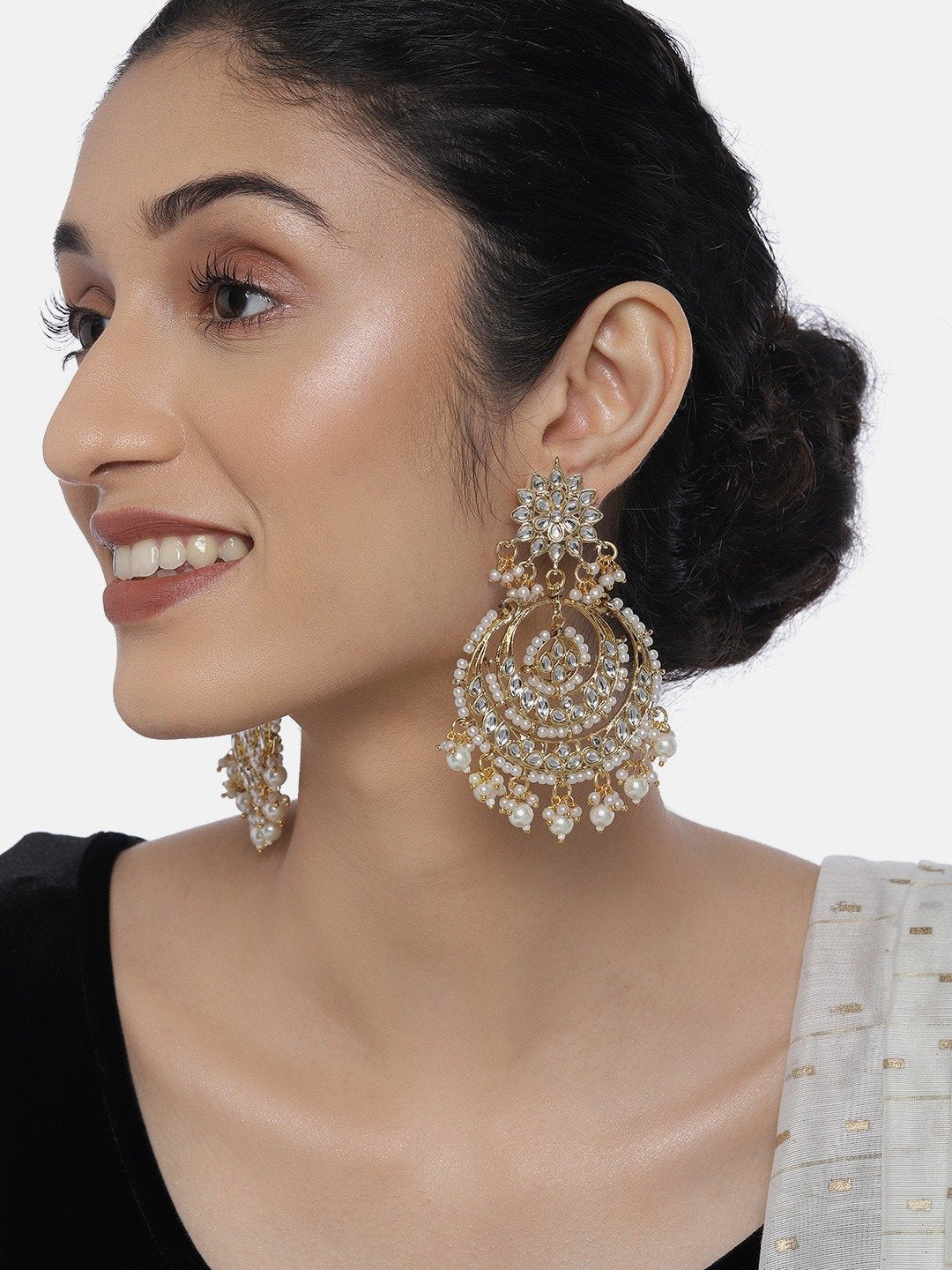 Women Golden White Beaded Kundan Chandbali Earrings  by I Jewels
