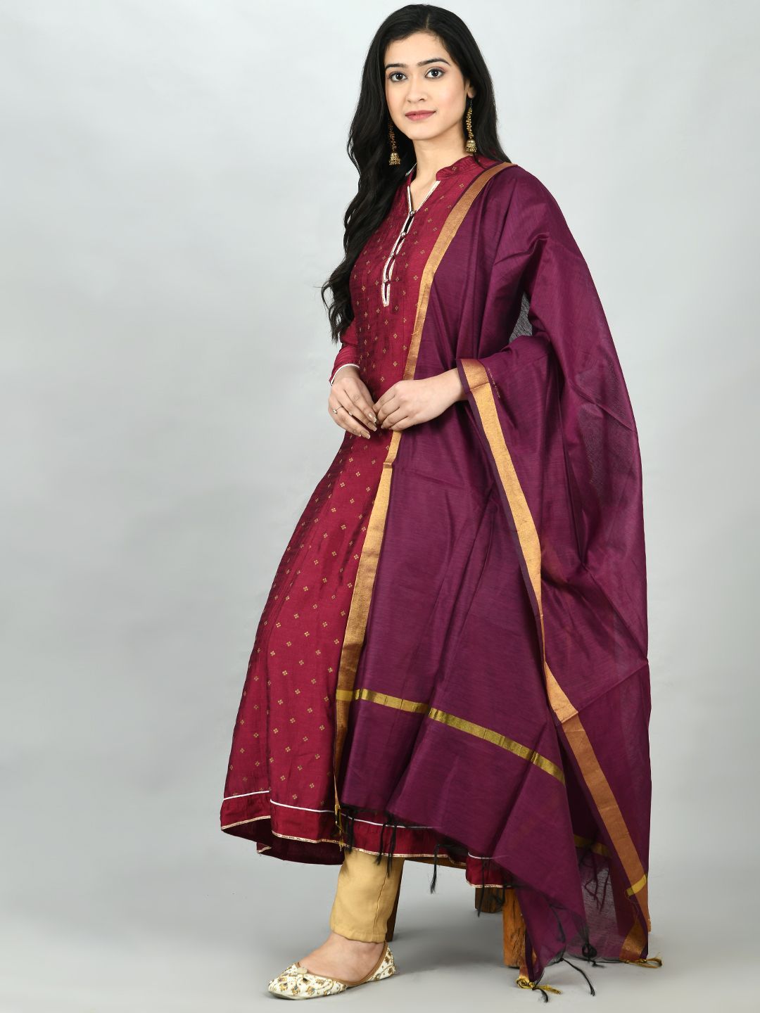 Women's Wine Georgette Printed 3/4 Sleeve Mandarin Neck Casual Anarkali Kurta Dupatta Set