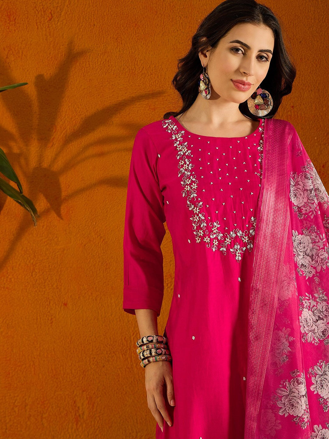 Women's Round Neck Embroidered Work Viscose Rayon Fabric Kurta & Pant With Dupatta Set - Taantav