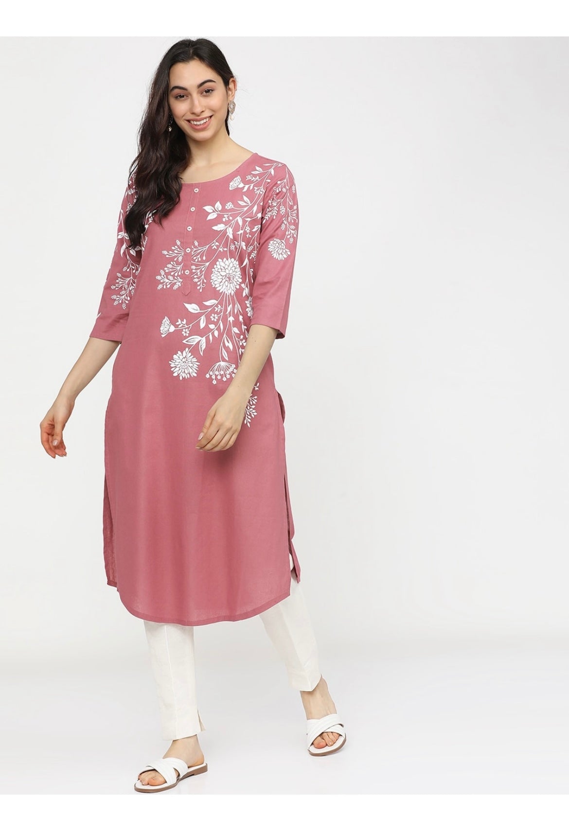 Women's Peach Embellished Daily Wear Cotton Blend Kurta