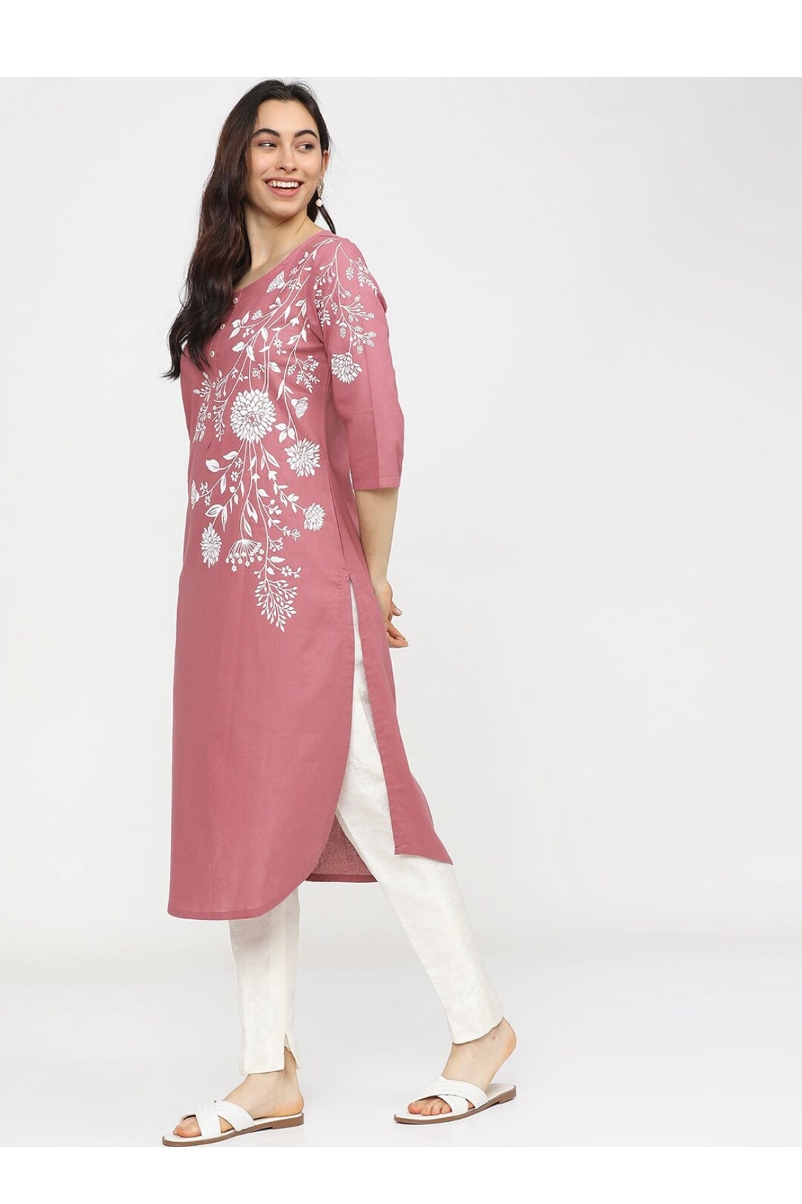 Women's Peach Embellished Daily Wear Cotton Blend Kurta