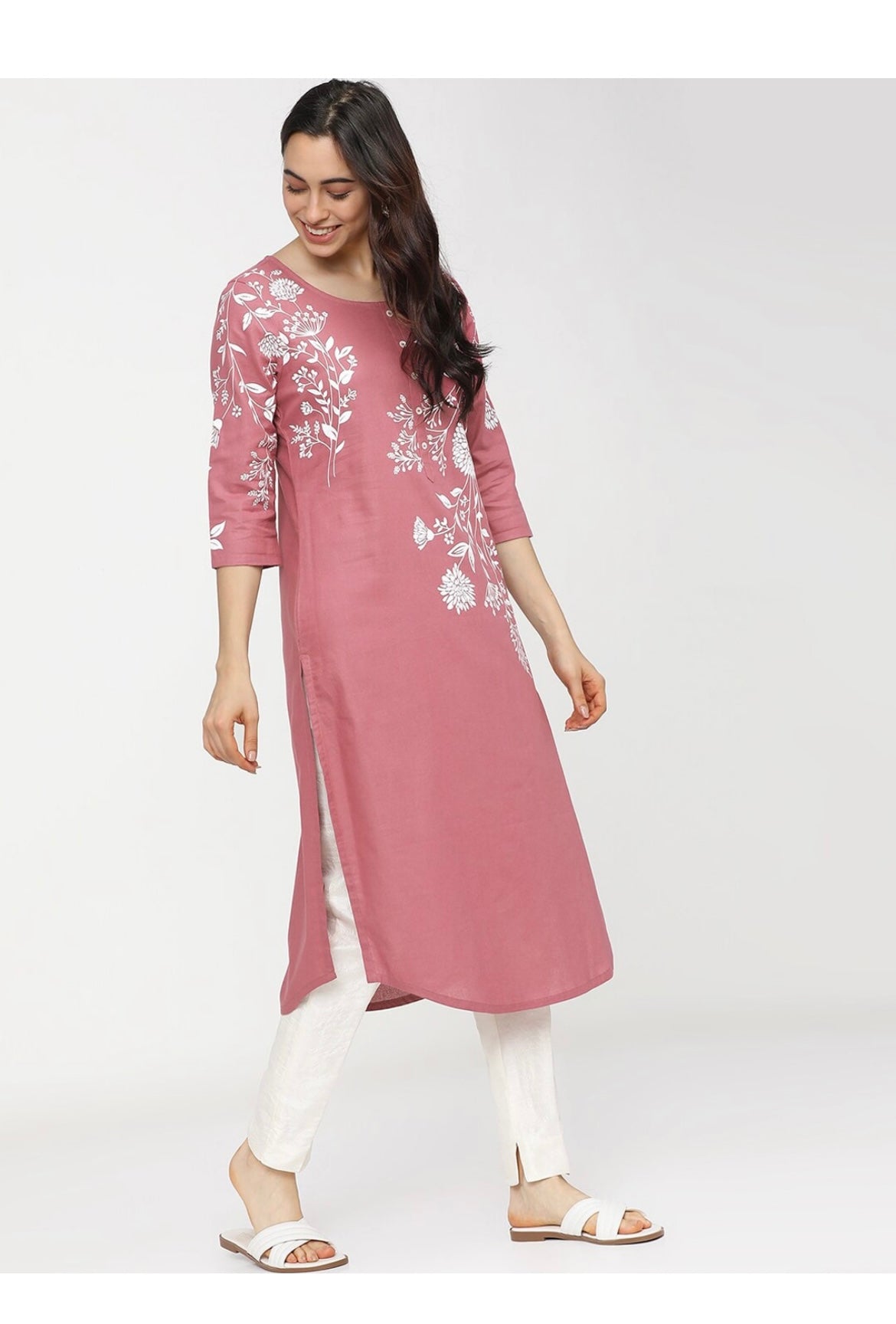 Women's Peach Embellished Daily Wear Cotton Blend Kurta