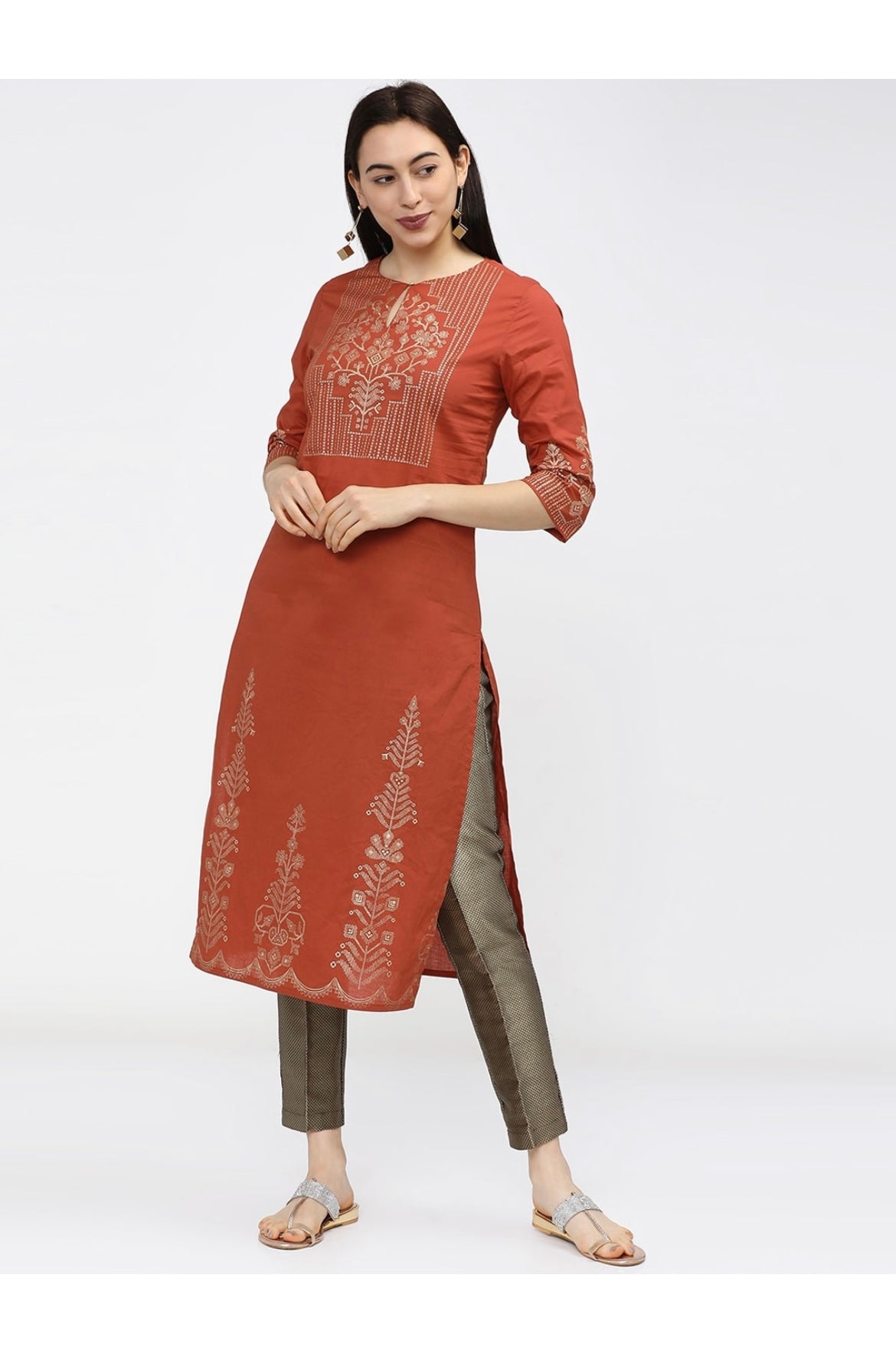 Women's Brown Embellished Daily Wear Cotton Blend Kurta - Cheera