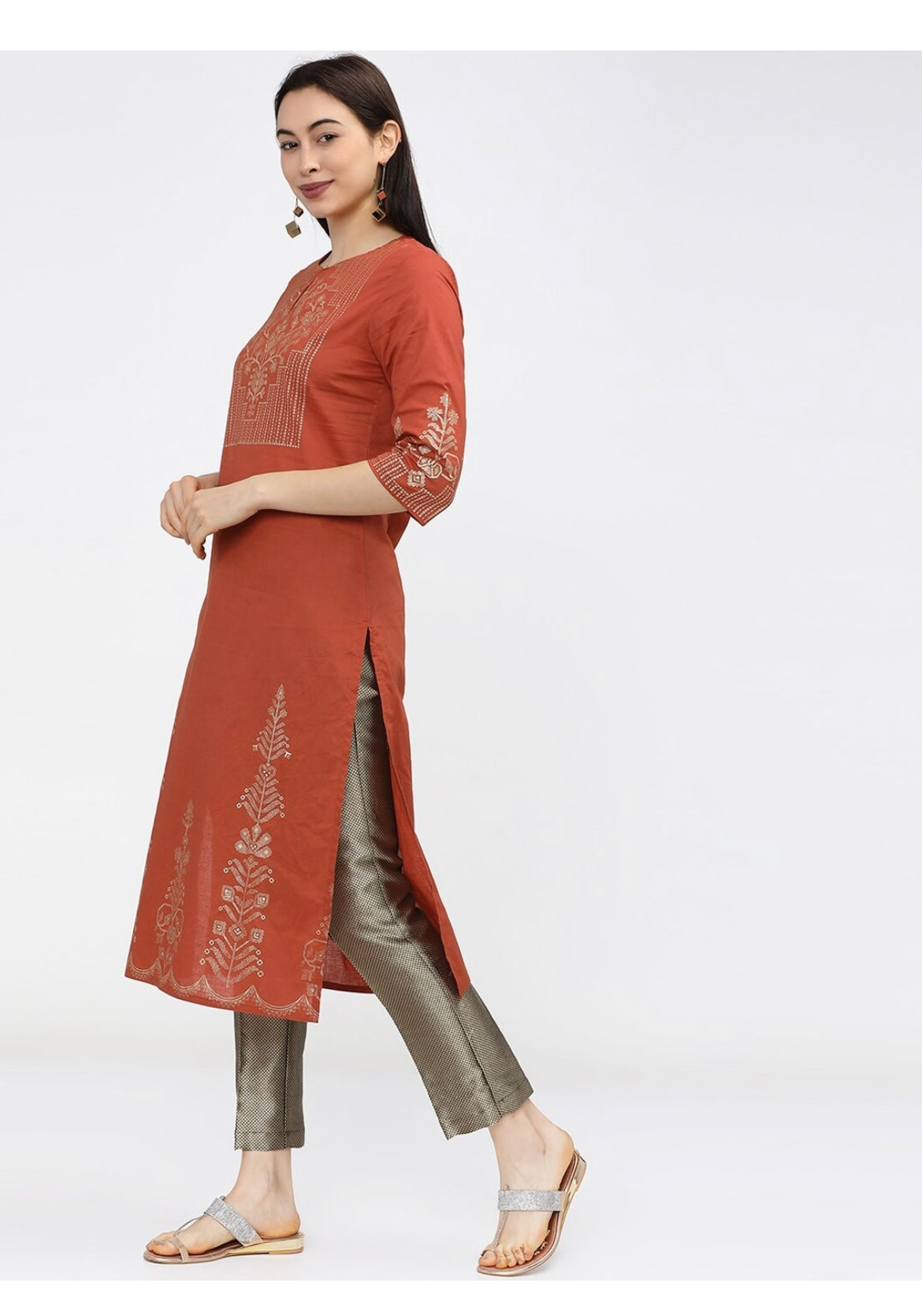 Women's Brown Embellished Daily Wear Cotton Blend Kurta - Cheera