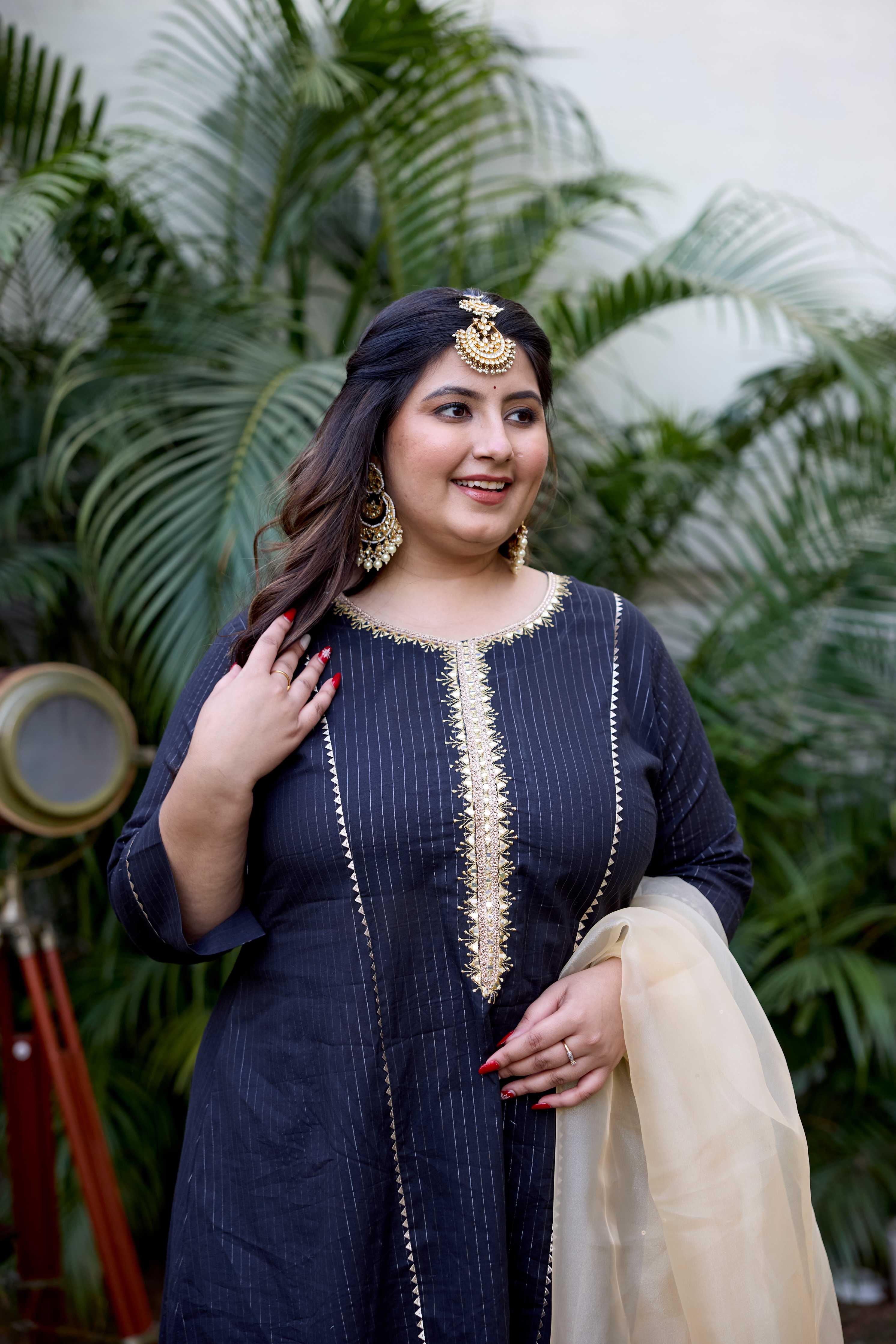 Women's Black Golden Cotton Lurex Kurta Set - (Set Of 3) - Nangalia Ruchira