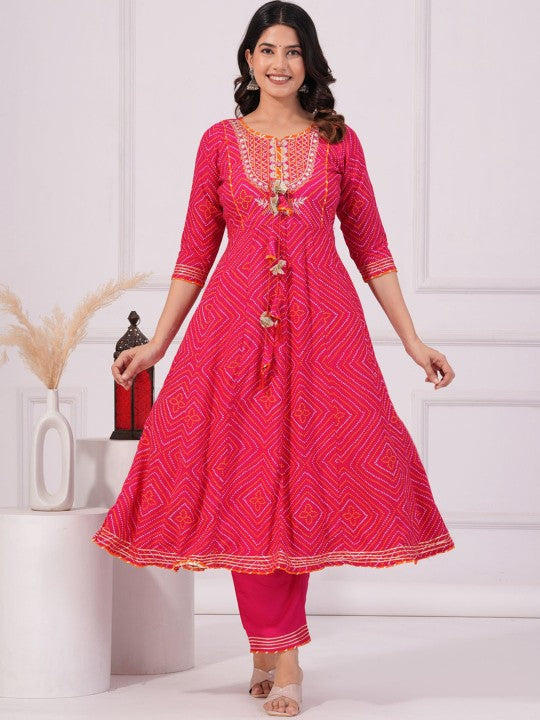 Women's Bandhani Printed Anarkali Kurta with Trousers & Dupatta - Taantav