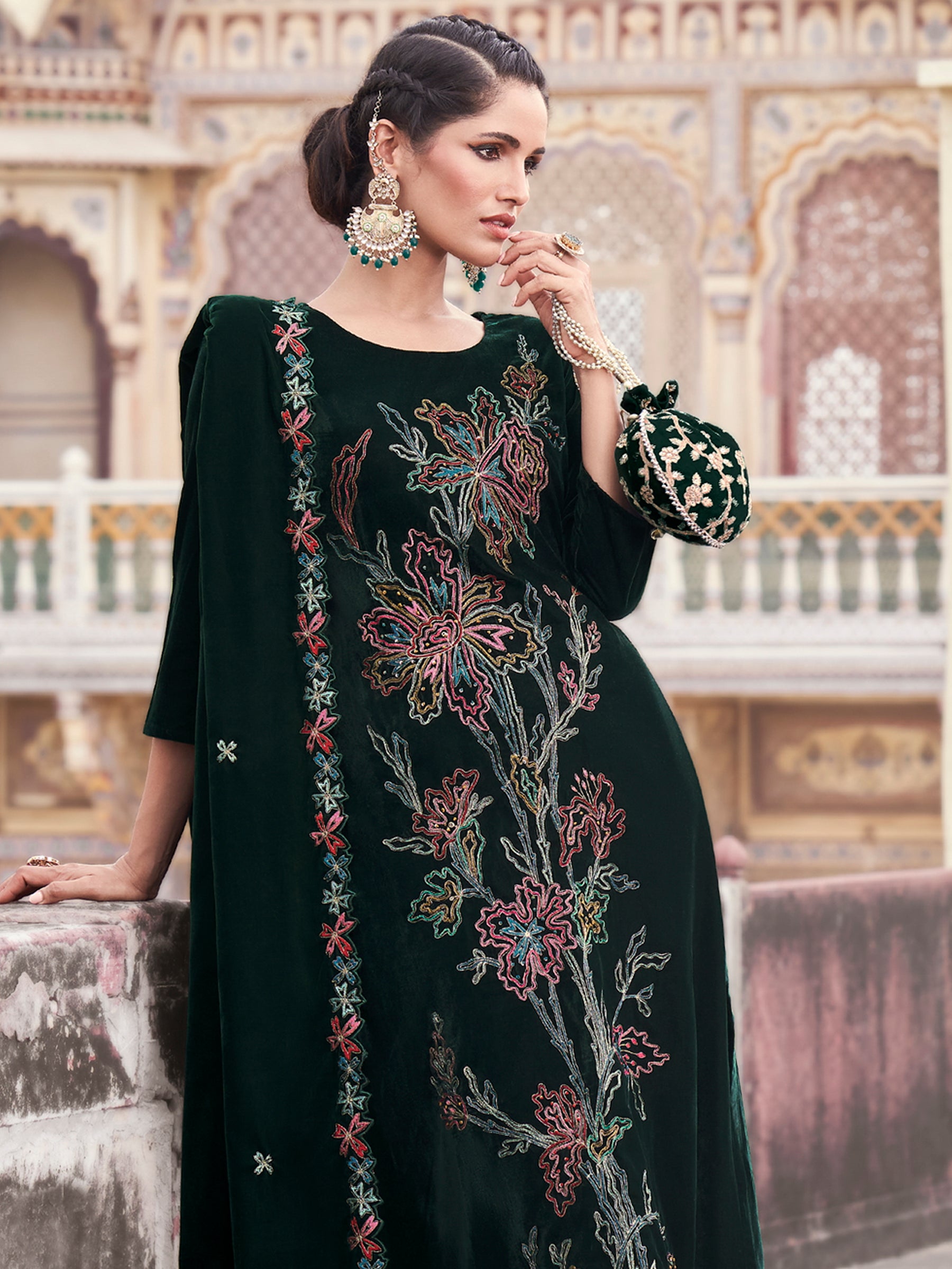 Women's Green Velvet Embroidered Dress Material Trendia Women's Green Velvet Embroidered Dress Material Trendia