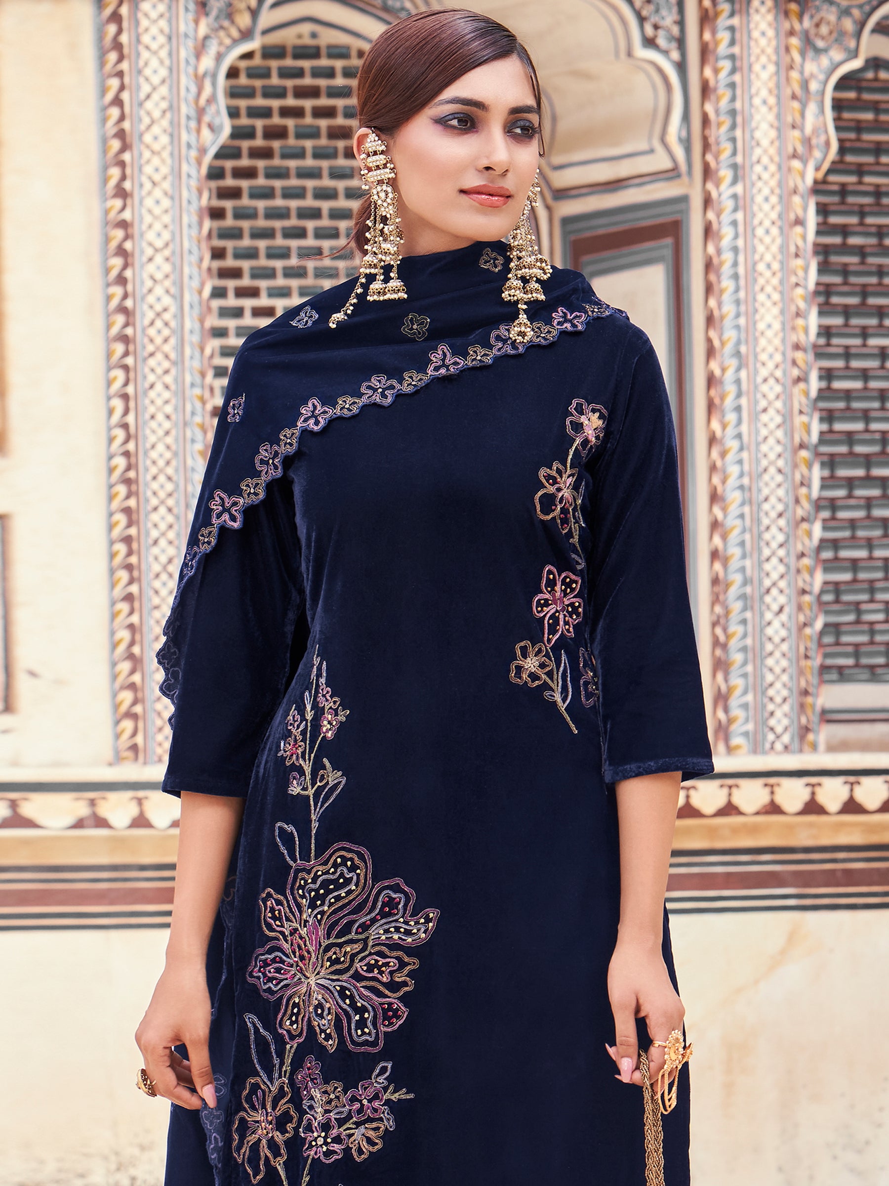 Women's Navy Blue Velvet Embroidered Dress Material Women's Navy Blue Velvet Embroidered Dress Material