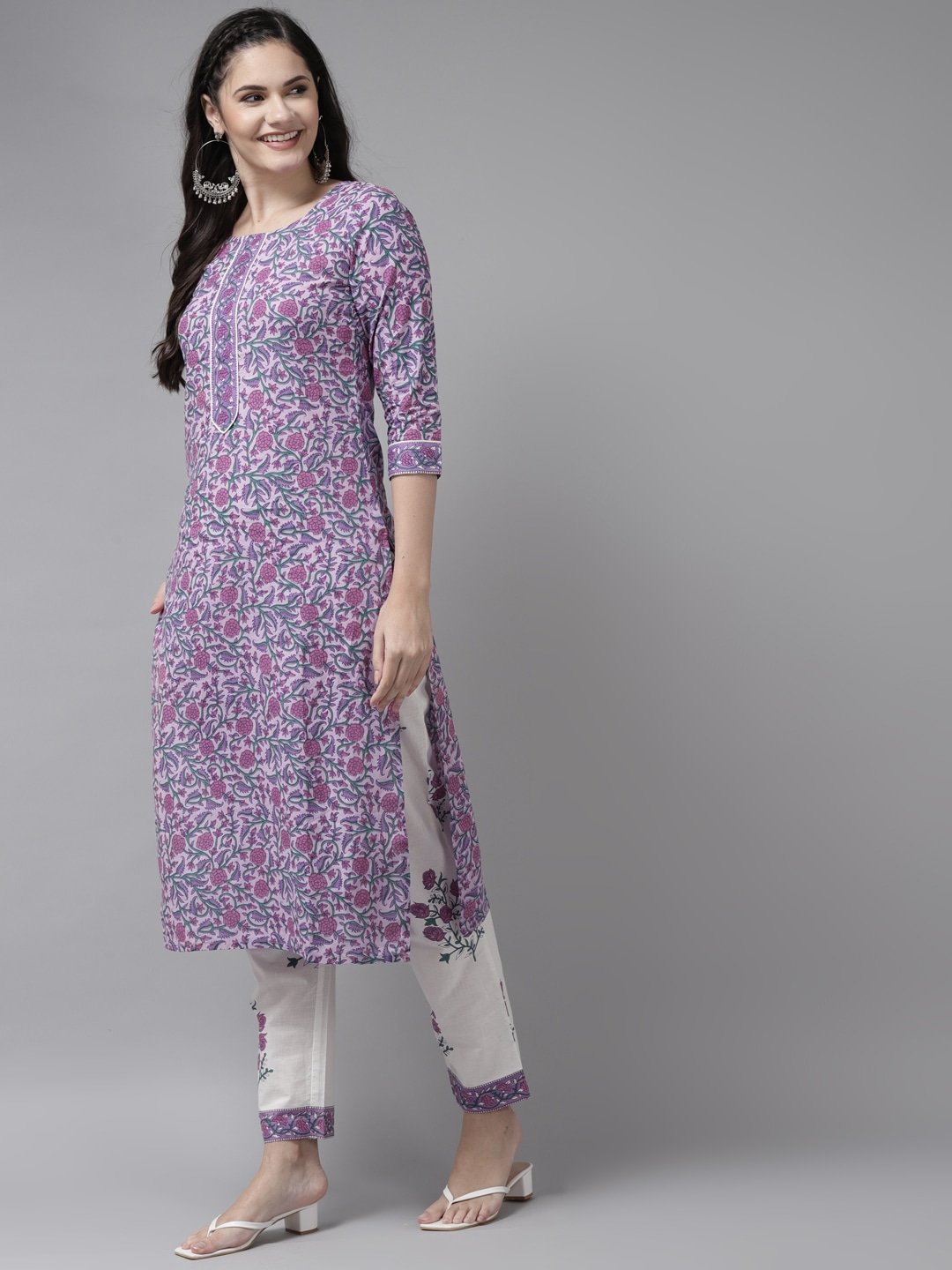 Women's Lavender & White Printed Kurta Set