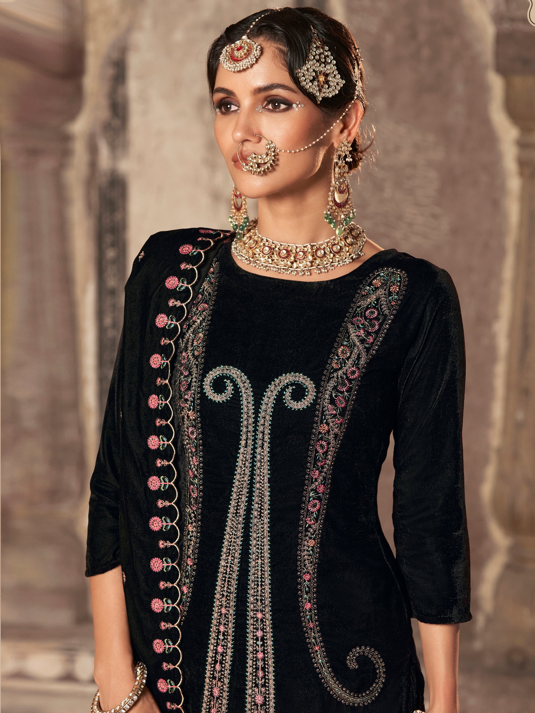 Women's Black Velvet Embroidered Dress Material | Trendia Global Women's Black Velvet Embroidered Dress Material | Trendia Global