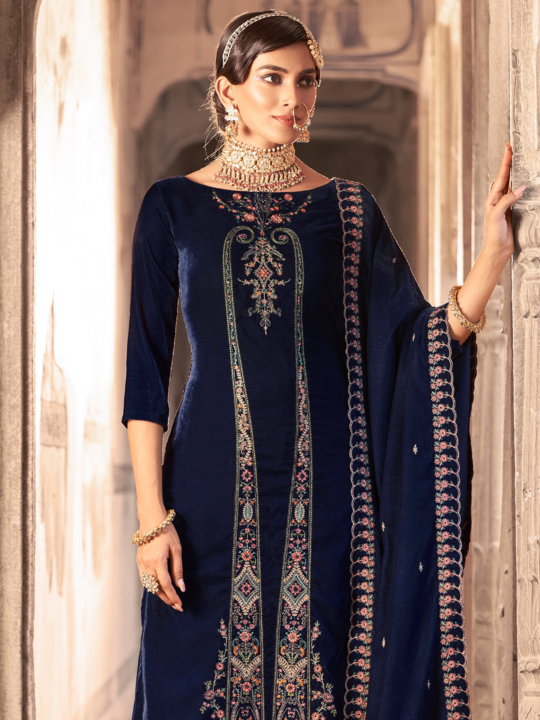 Women's Navy Blue Velvet Embroidered Dress Material Trendia Women's Navy Blue Velvet Embroidered Dress Material Trendia