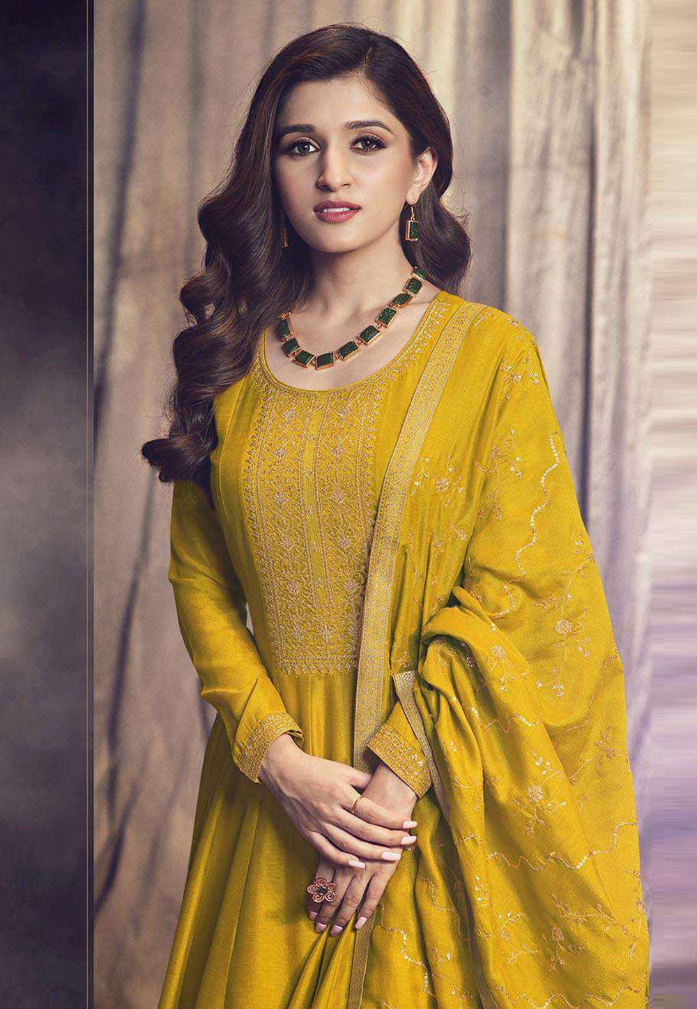 Women's Mustard Yellow Silk Designer Festival Wear Anarkali Suit
 - Monjolika