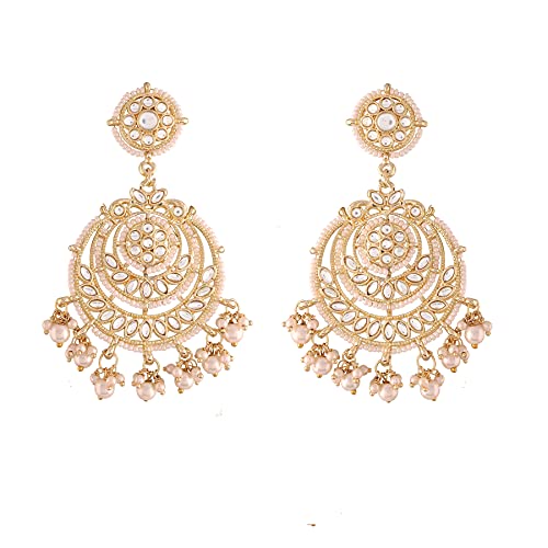 Women's Traditional Gold Plated Chandbali Kundan & Pearl Earring Set with Maang Tikka