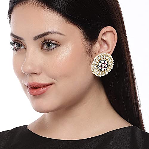 Women's  Gold Plated Round Kundan Pearl Meena Work Handcraft Blue Stud Earring