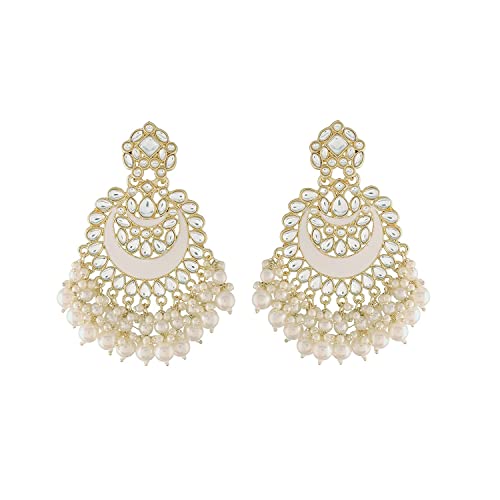 Women's 18K Gold Plated Intricately Designed Traditional Meenakari Chandbali Earrings Glided With Kundans & Pearls (E306W)