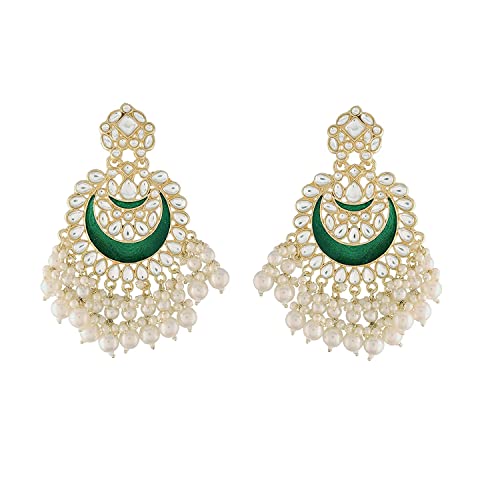 Women's 18K Gold Plated Intricately Designed Traditional Meenakari Chandbali Earrings Glided With Kundans & Pearls (E306G)