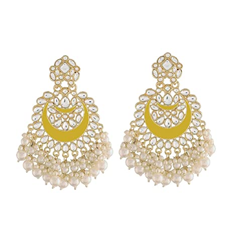Women's 18K Gold Plated Intricately Designed Traditional Meenakari Chandbali Earrings Glided With Kundans & Pearls (E306Y)