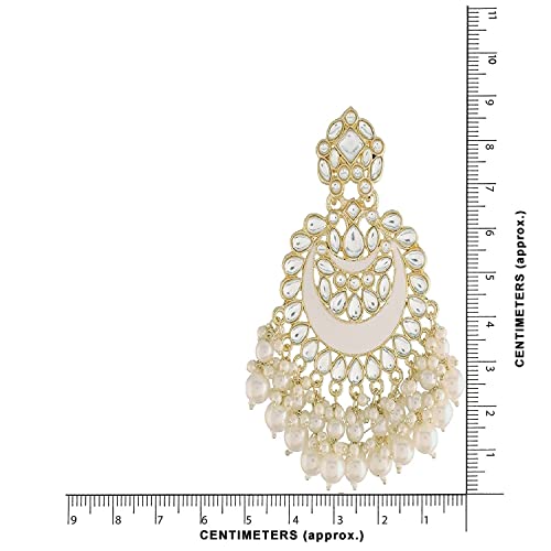 Women's 18K Gold Plated Intricately Designed Traditional Meenakari Chandbali Earrings Glided With Kundans & Pearls (E306W)