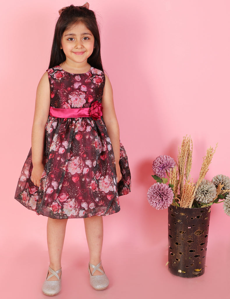 Girl's Stylish Floral Print Ballon Dress-Black