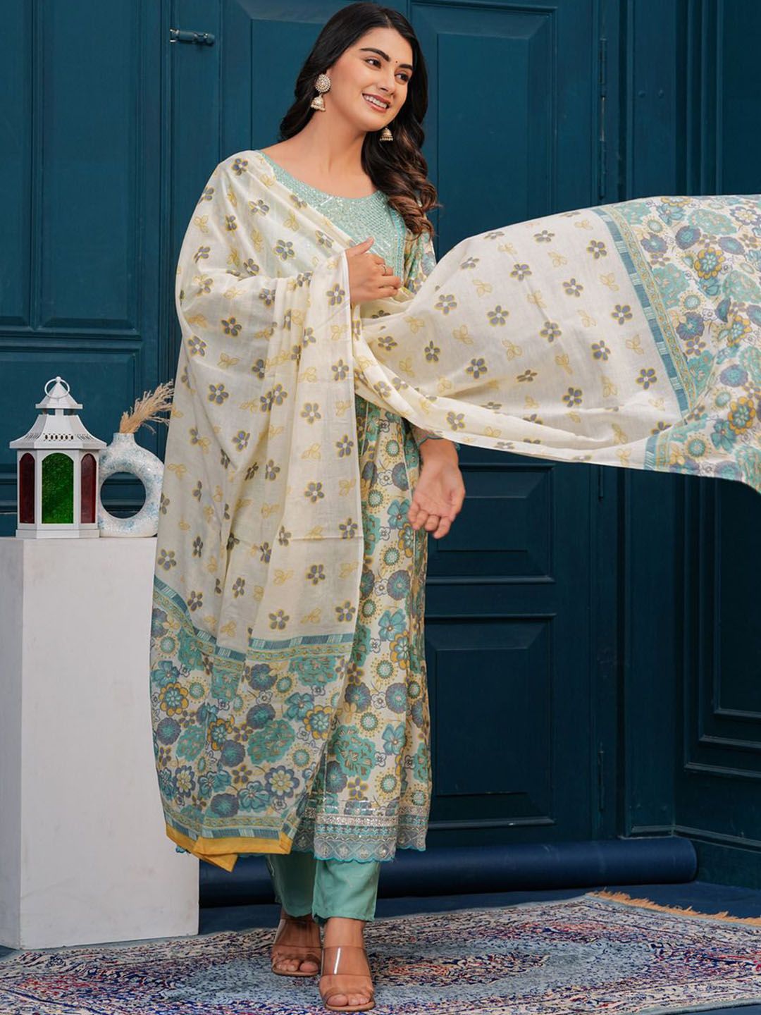 Women's Floral Embroidered Regular Pure Cotton Kurta with Trousers & With Dupatta - Taantav