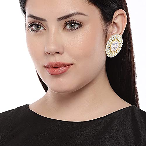 Women's  Blue Gold Plated Round Kundan Pearl Meena Work Handcraft Stud Earring