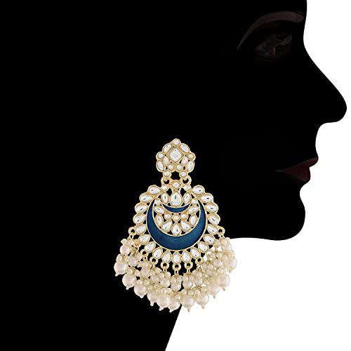 Women's 18K Gold Plated Intricately Designed Traditional Meenakari Chandbali Earrings Glided With Kundans & Pearls (E306Bl)