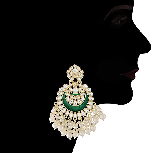 Women's 18K Gold Plated Intricately Designed Traditional Meenakari Chandbali Earrings Glided With Kundans & Pearls (E306G)