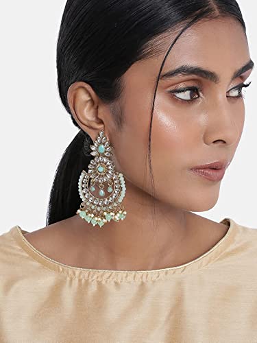 Women's 18K Gold Plated Handcrafted Earrings With Maang Tikka Encased with Faux Kundan & Pearl