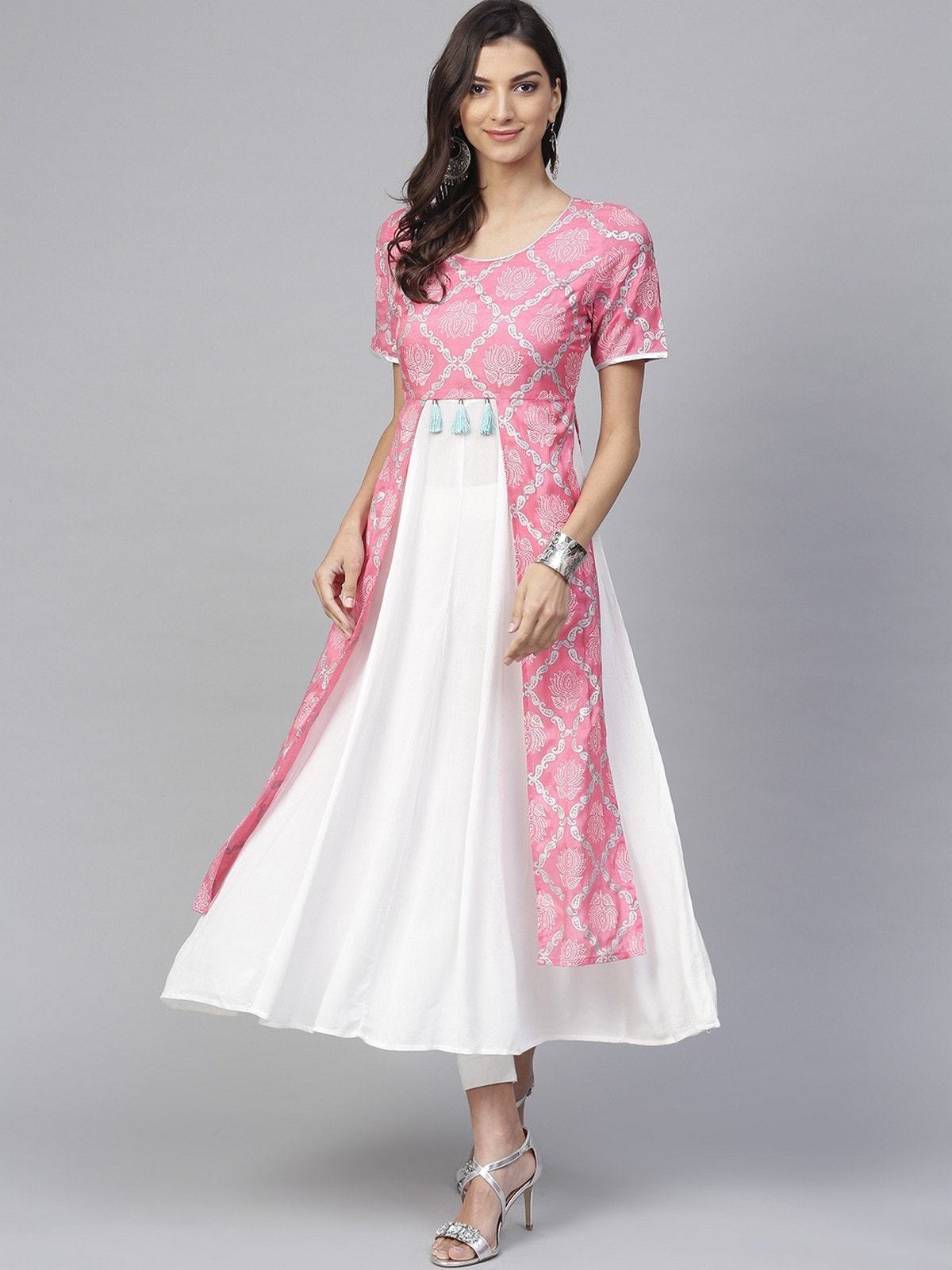 Women's Pink Lotus Inspired Front Open Printed Kurta With Tassels - Final Clearance Sale