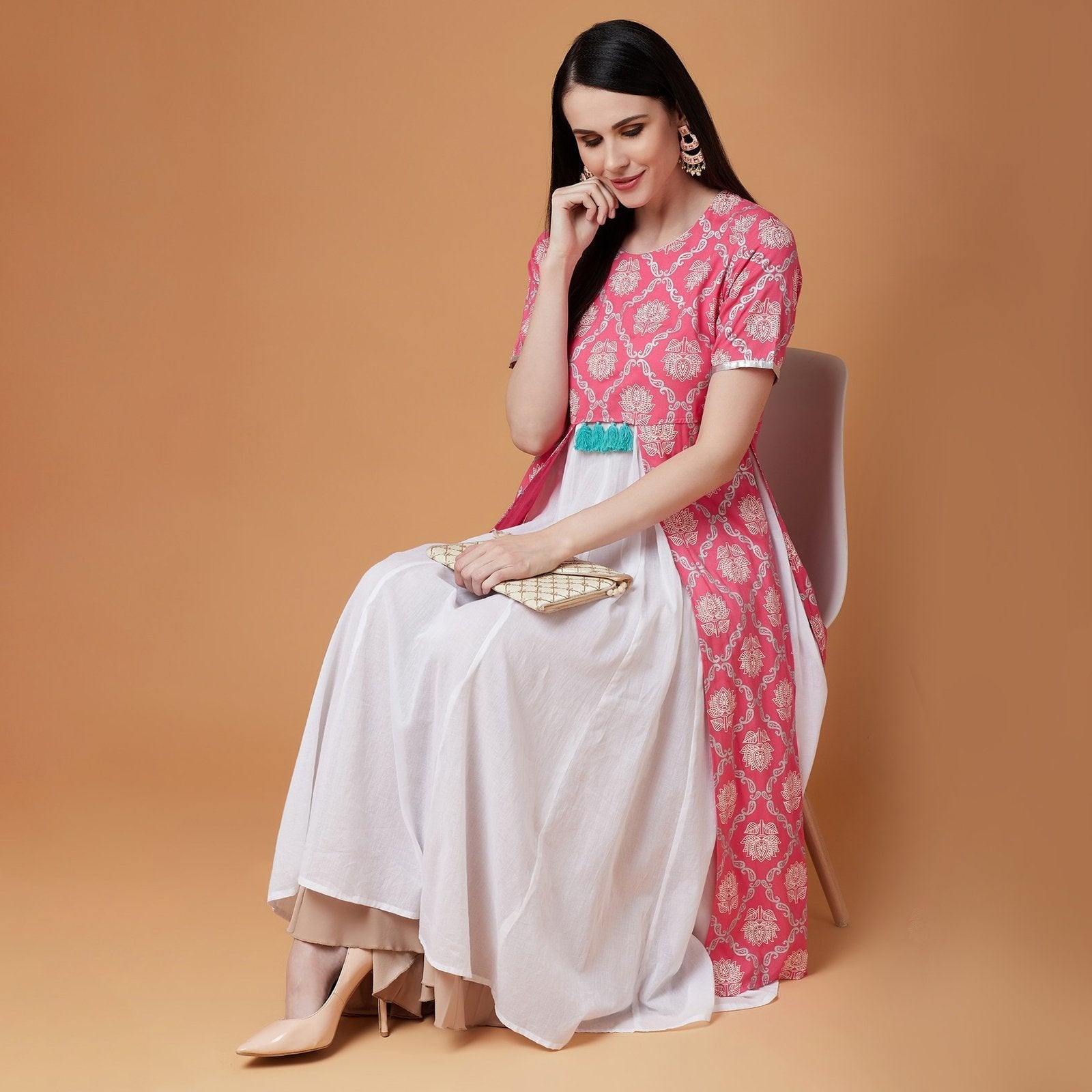 Women's Pink Lotus Inspired Front Open Printed Kurta With Tassels - Final Clearance Sale