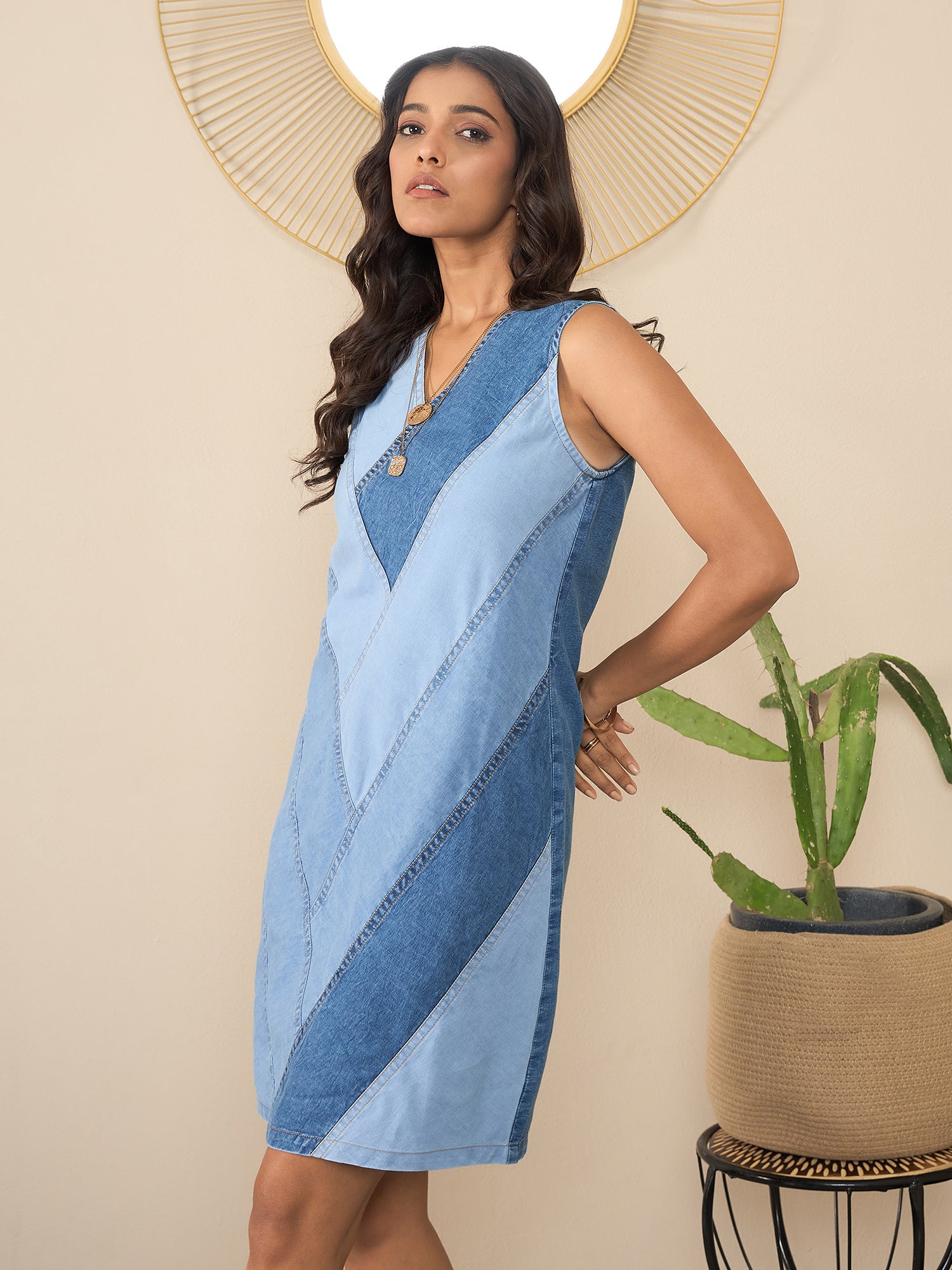 denim patchwork dress Women's Blue Denim Patchwork Dress Blue / S