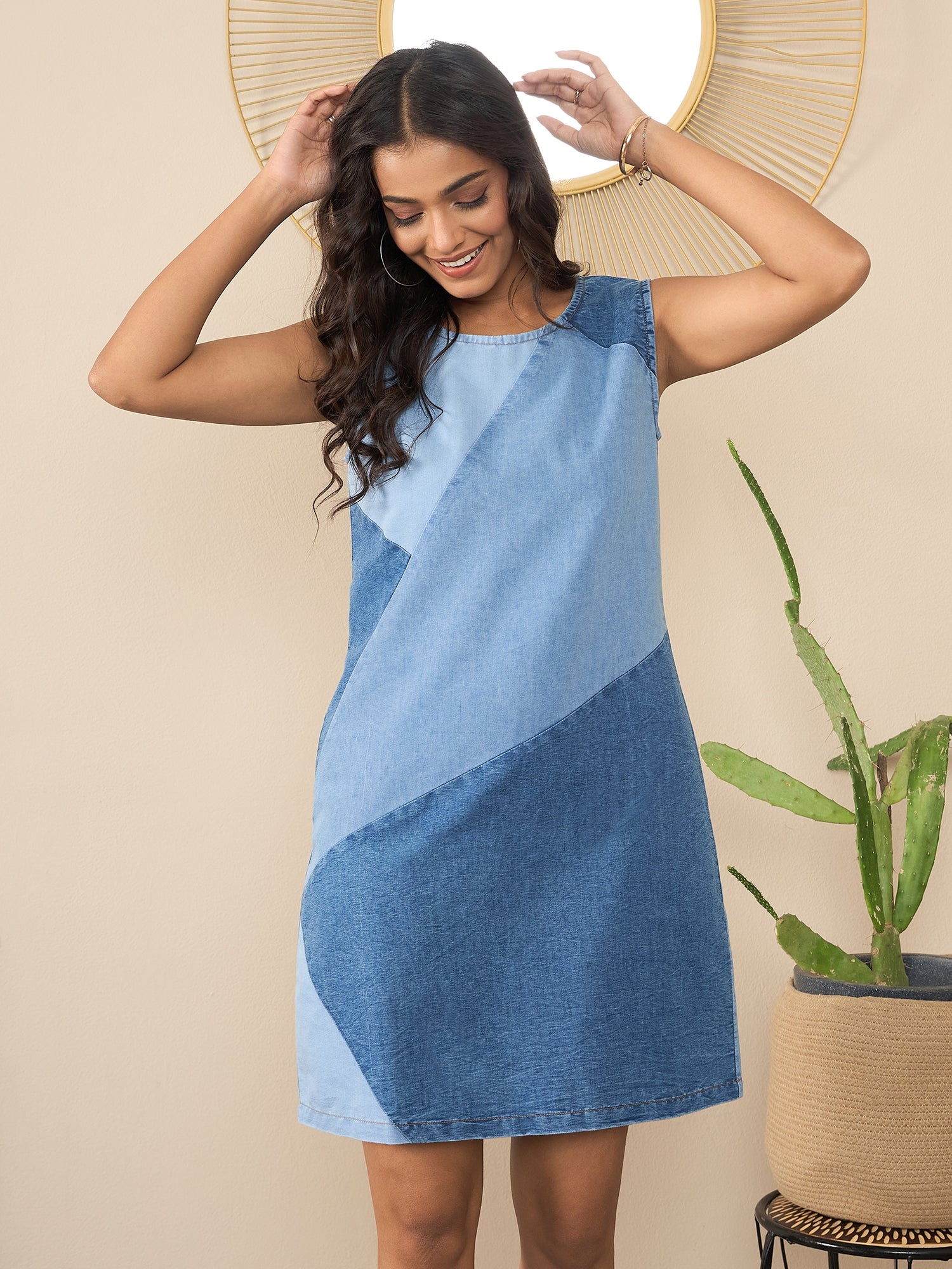 Women's Blue Denim Patchwork Dress Blue / S | Trendia Global Women's Blue Denim Patchwork Dress Blue / S | Trendia Global