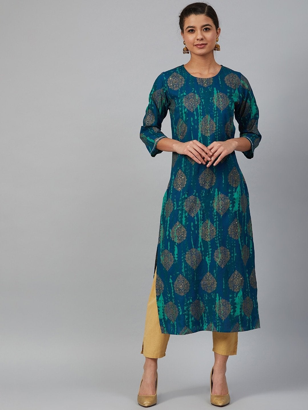 Women's Navy Blue & Green Printed Straight Kurta