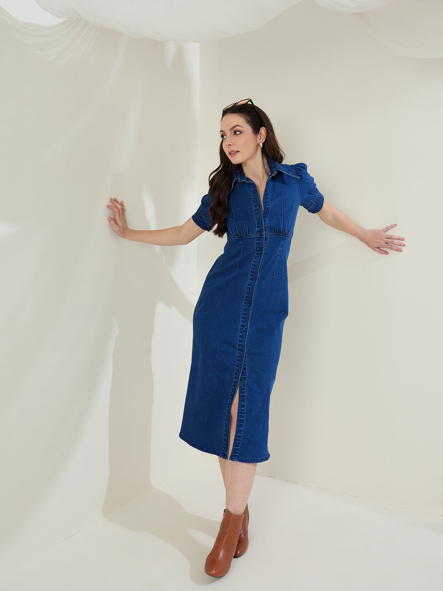 Women's Denim Puff Sleeve Midi Dress Blue / S | Trendia Global Women's Denim Puff Sleeve Midi Dress Blue / S | Trendia Global
