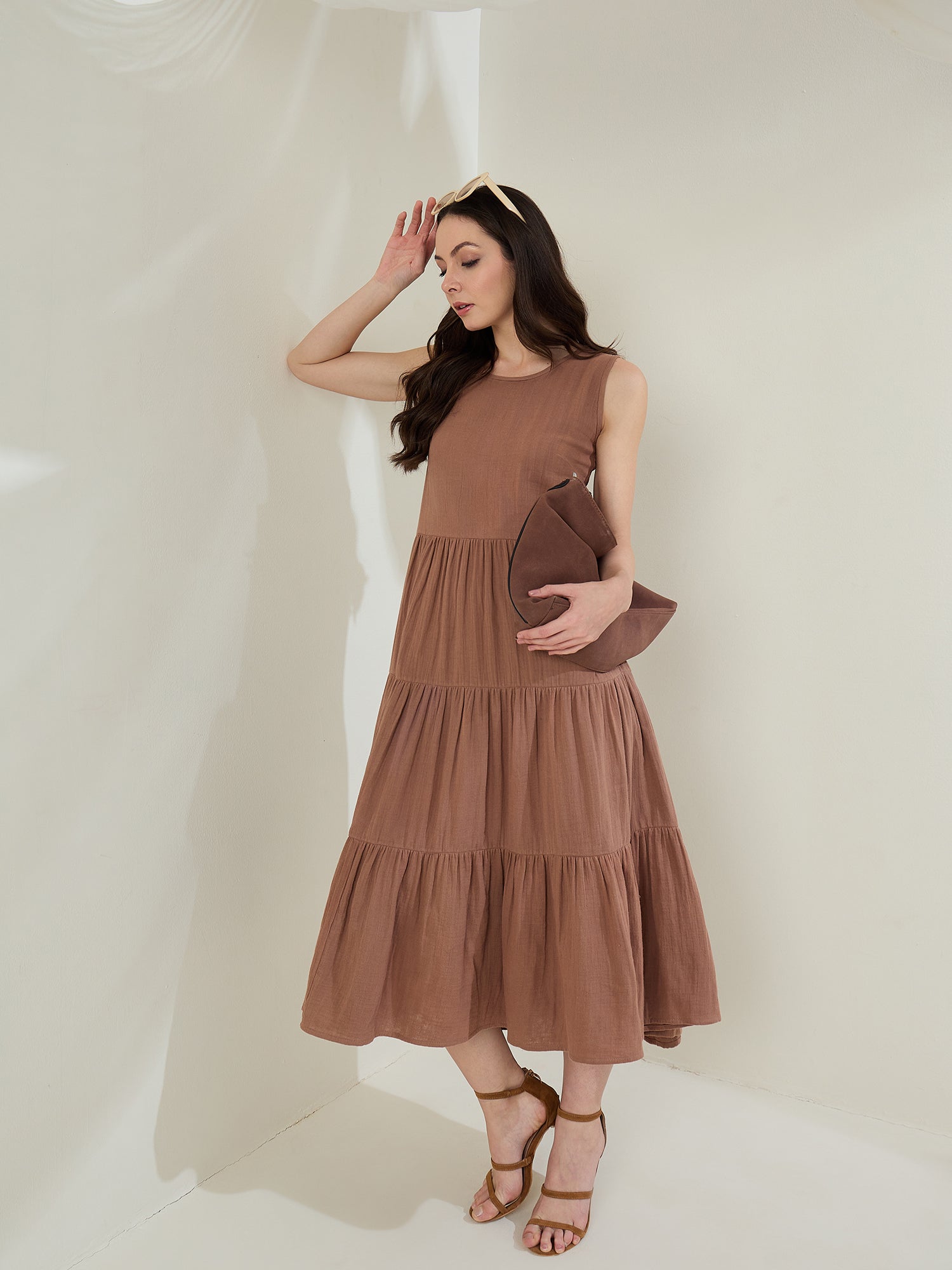 Women's Pink Cotton Gauze Tiered Dress