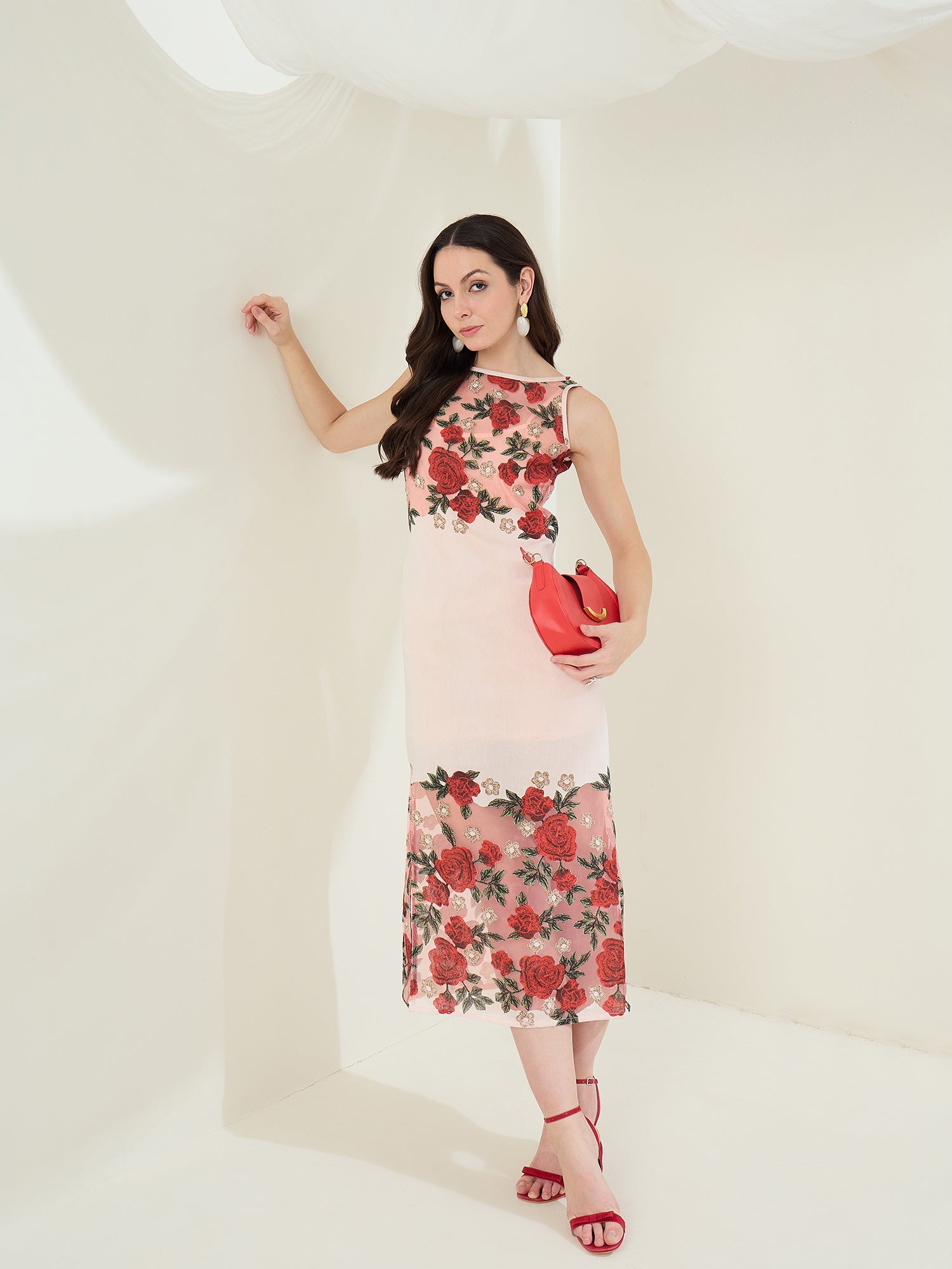 Women's Pink Dress With Self Design Maxi Dress