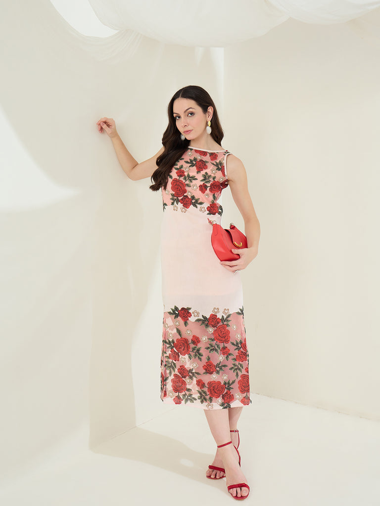 Women's Pink Dress With Self Design Maxi Dress